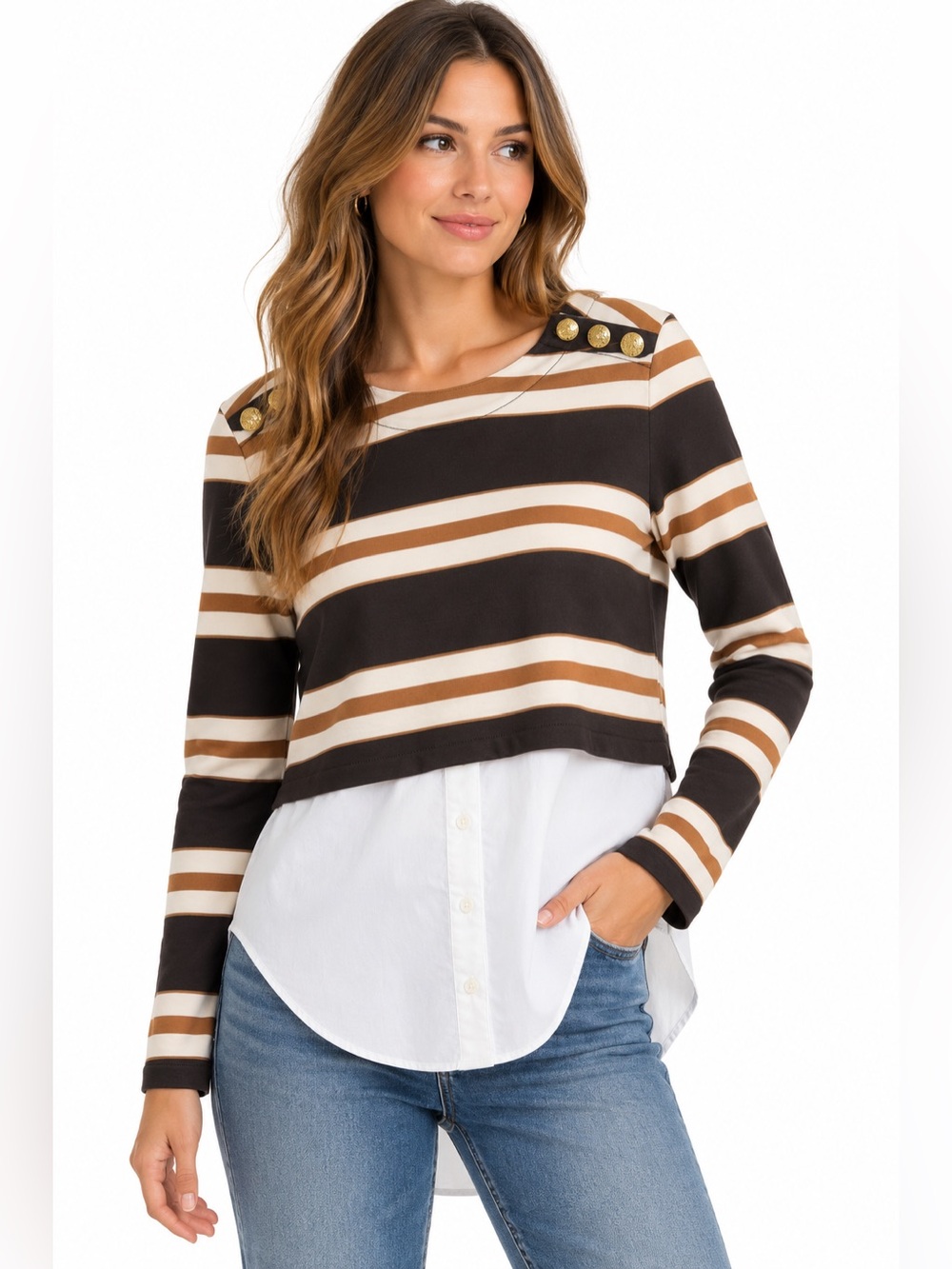 Veronica Beard Jeans Striped Layered Shirttail Top Size S Gold Button Long Sleev